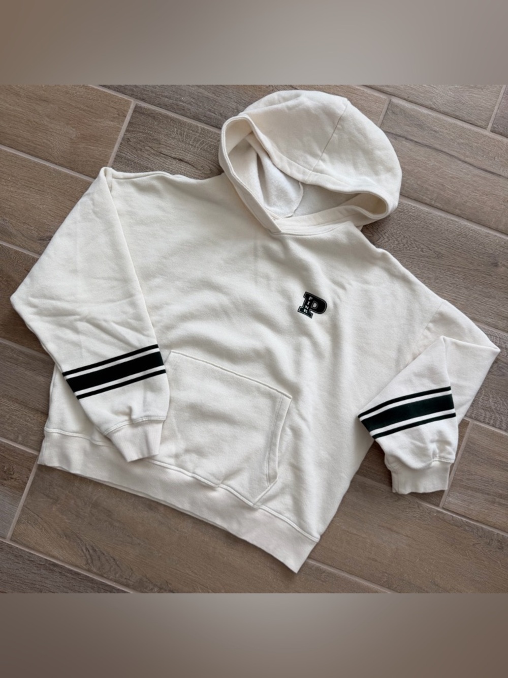 PINK Victoria's Secret Cream Hoodie with Navy Stripe Sleeves